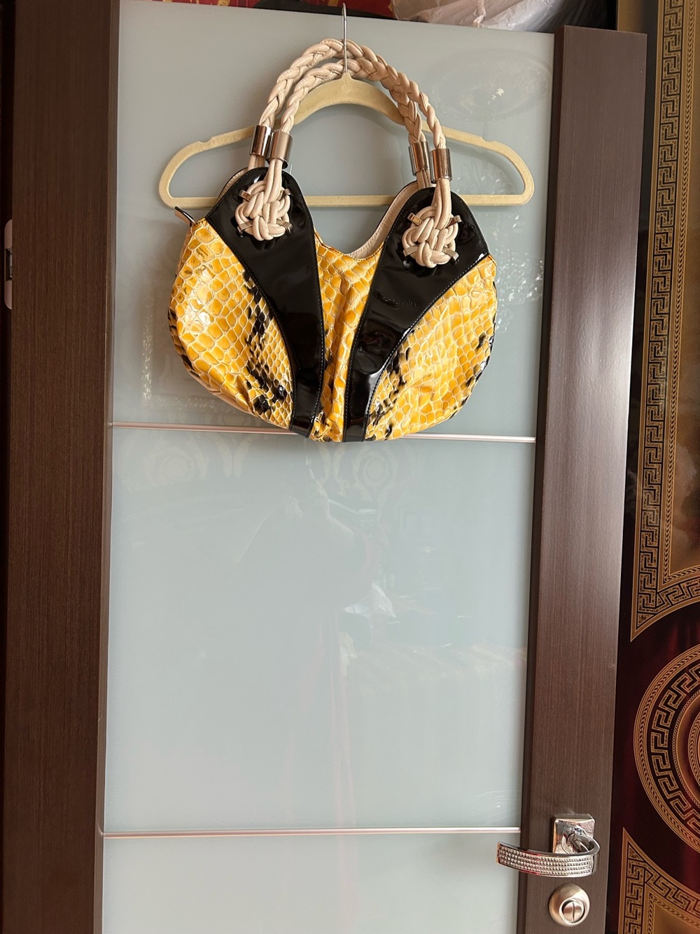 Yellow Snake-Print Bra Bag with Black Patent Trim